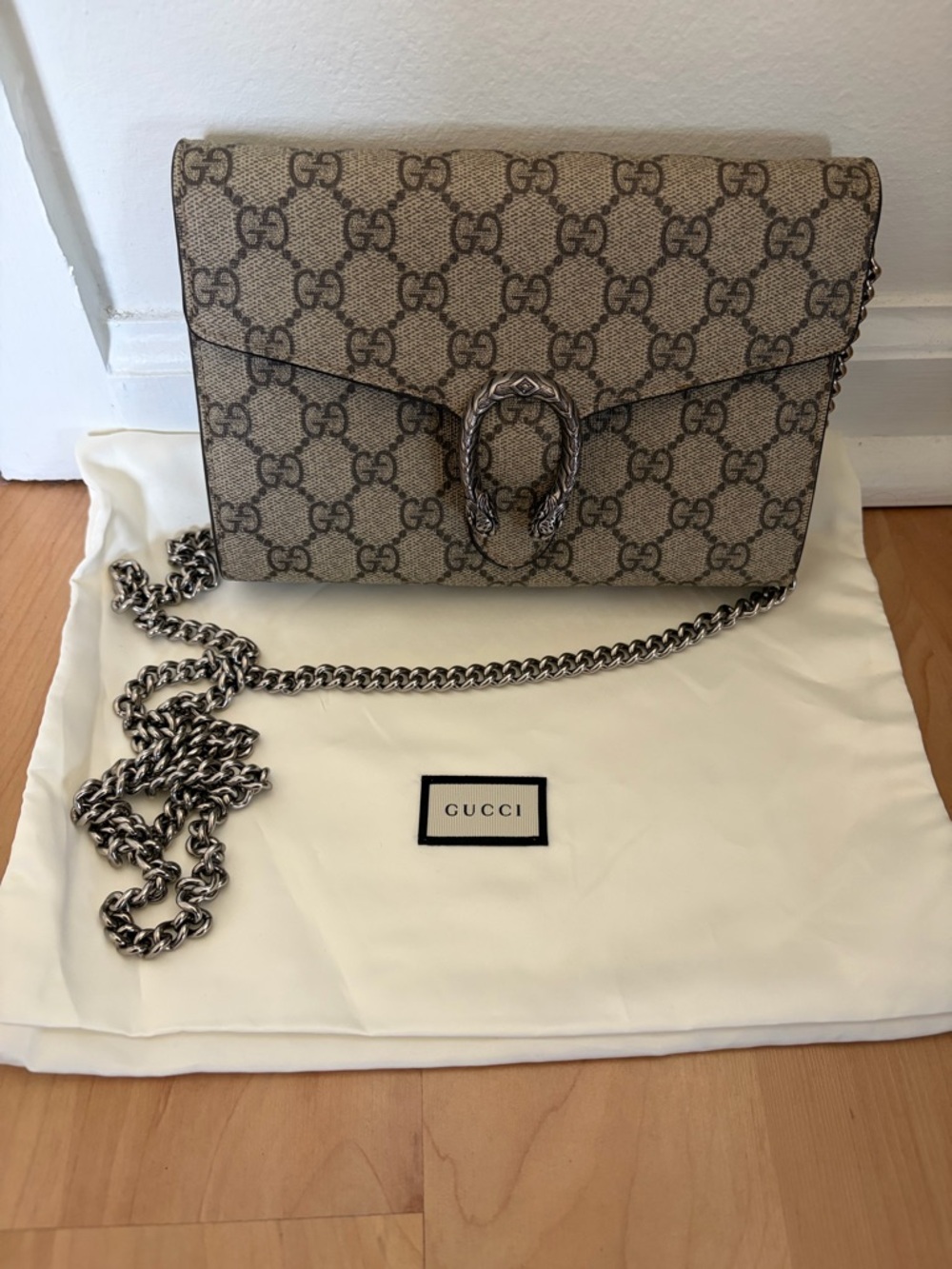 Gucci Tan GG Supreme Dionysus Crossbody with Silver Hardware